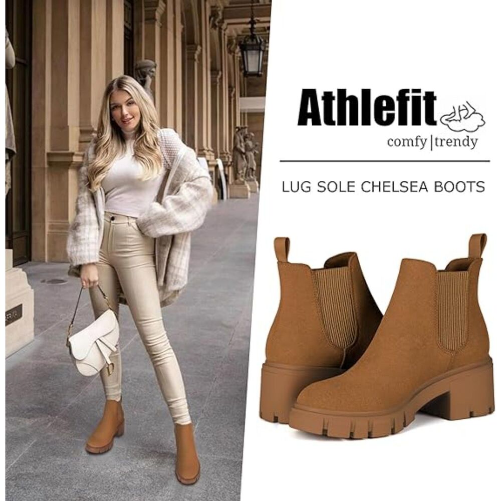Women's Brown Lug Sole Chunky Heel Slip on Elastic Ankle Chelsea Booties - Picture 3 of 5